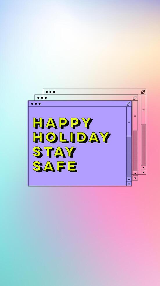 Happy holiday stay safe interface window with collage style in gradient background, vaporwave retro design, 80s and 90s photo