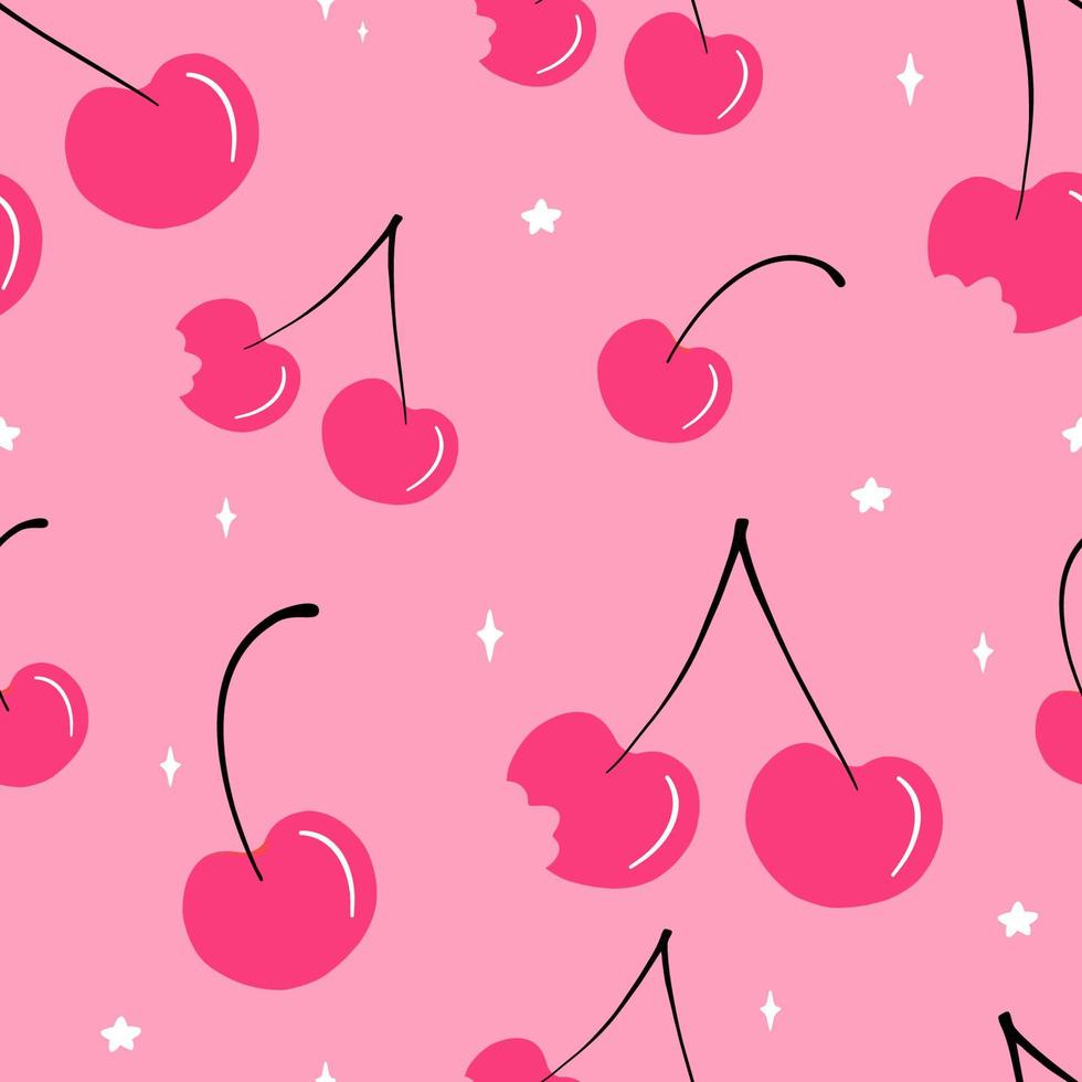 Cute cherry and stars seamless pattern on pink background. Hand drawn vector illustration