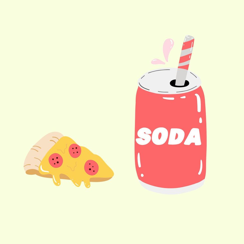 Bottle of soda drink and a slice of pizza. Junk fast food. Hand drawn stickers in retro style. Vector illustration