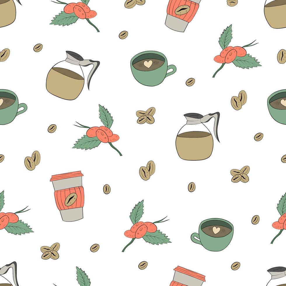 patrón sin costuras de grano de café, taza de café, cafetera. ilustración dibujada a mano para embalaje, textil, impresión vector