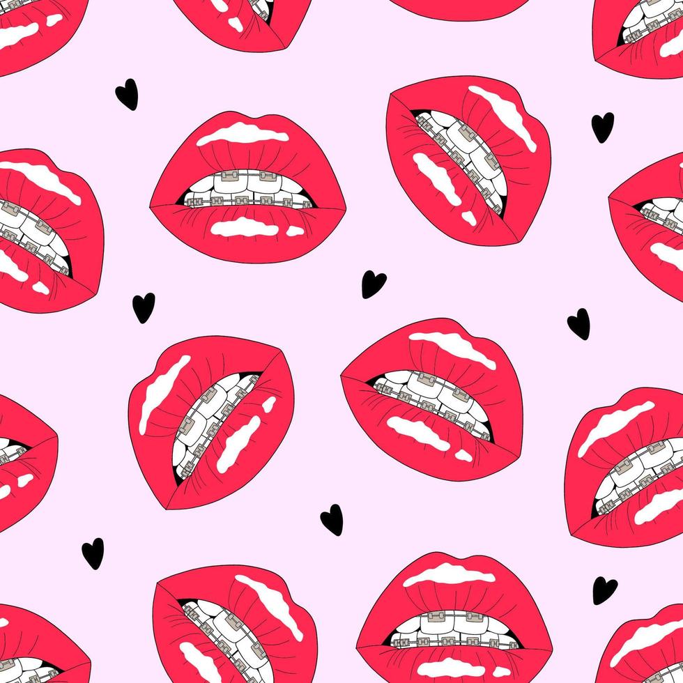 Mouth with braces. Hand drawn lips seamless pattern. Vector illustration for an unusual modern design