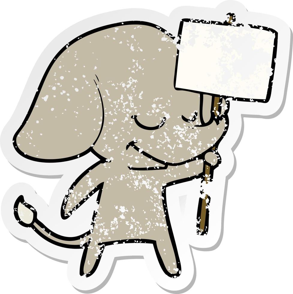 pegatina angustiada de un elefante sonriente de dibujos animados con cartel vector