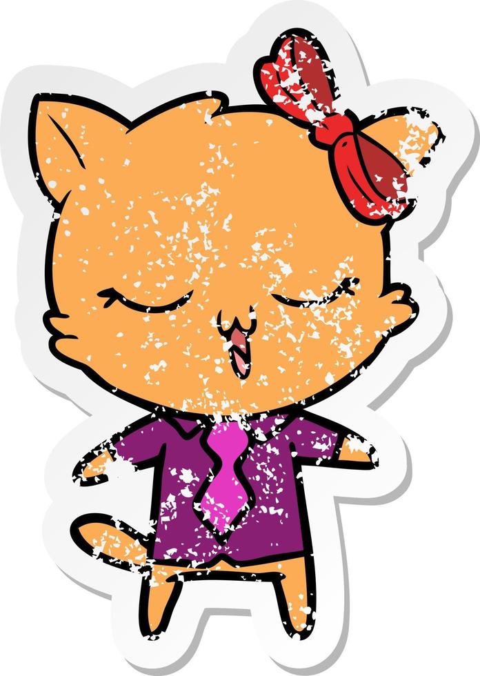 distressed sticker of a cartoon cat with bow on head vector