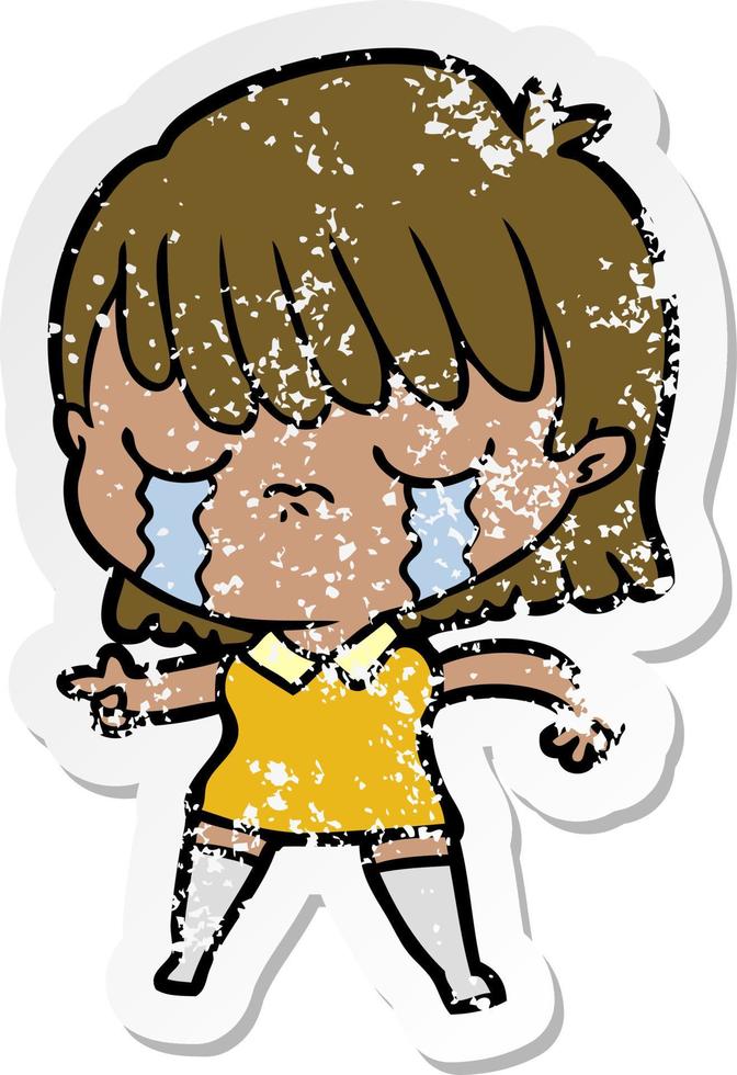 distressed sticker of a cartoon woman crying vector