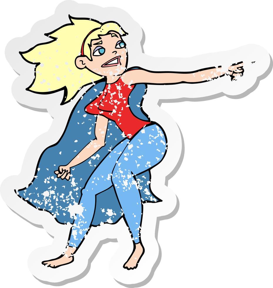 retro distressed sticker of a cartoon superhero woman pointing vector