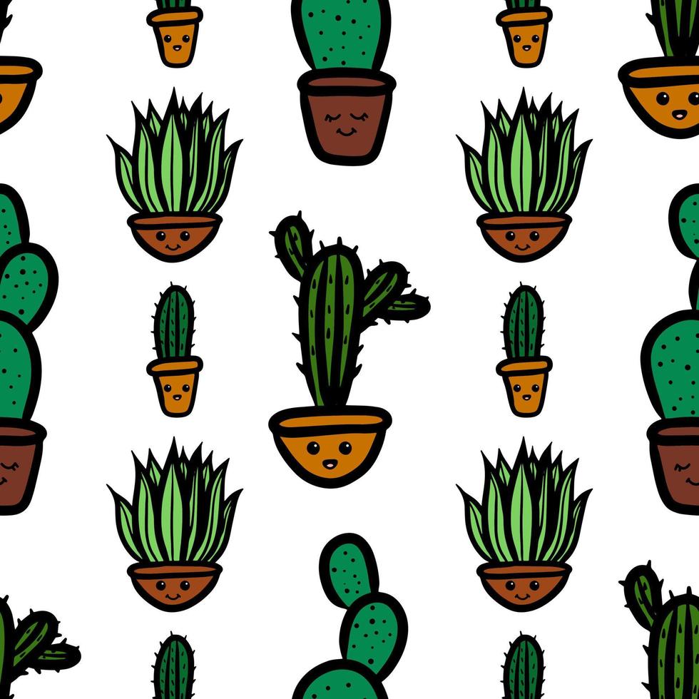 Cute doodle style kawaii cactus vector seamless pattern