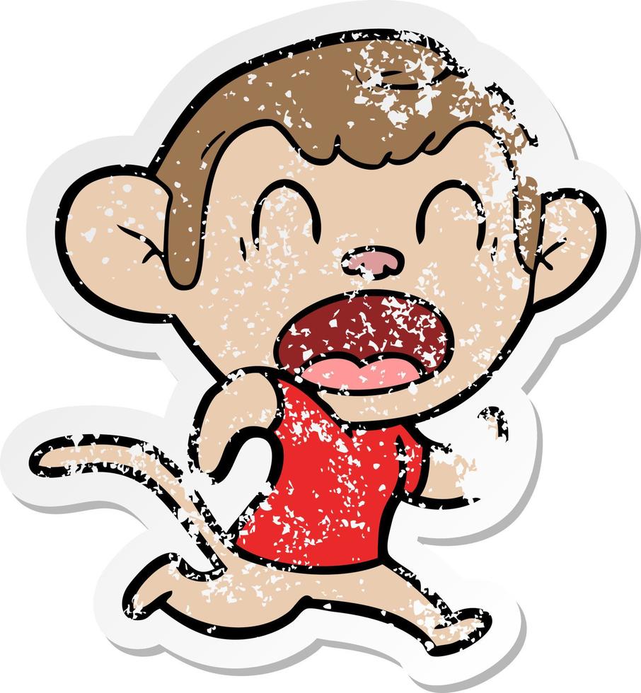 distressed sticker of a shouting cartoon monkey running vector