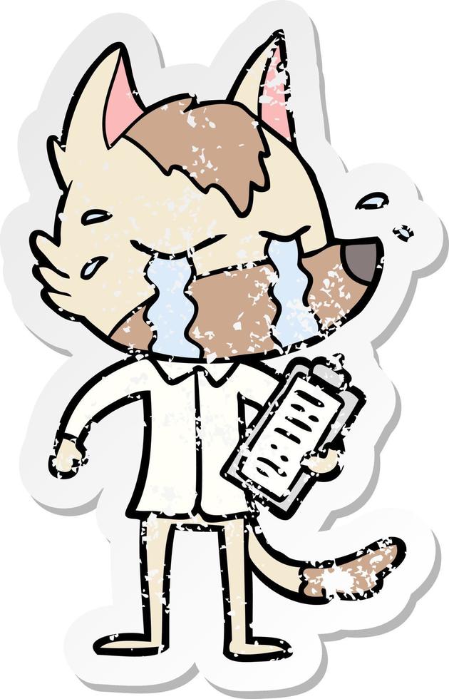 distressed sticker of a cartoon crying wolf wearing work clothes vector