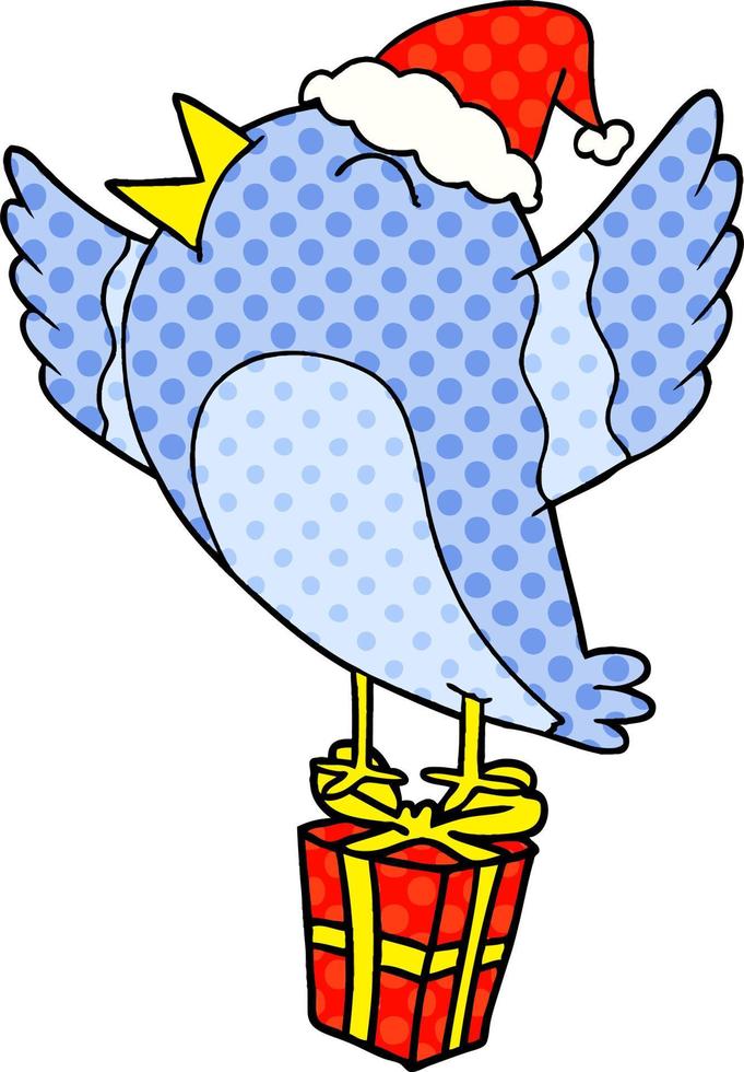 comic book style illustration of a bird wearing santa hat vector