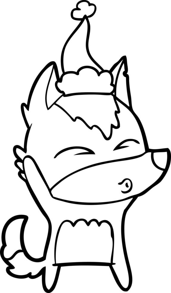 line drawing of a wolf whistling wearing santa hat vector