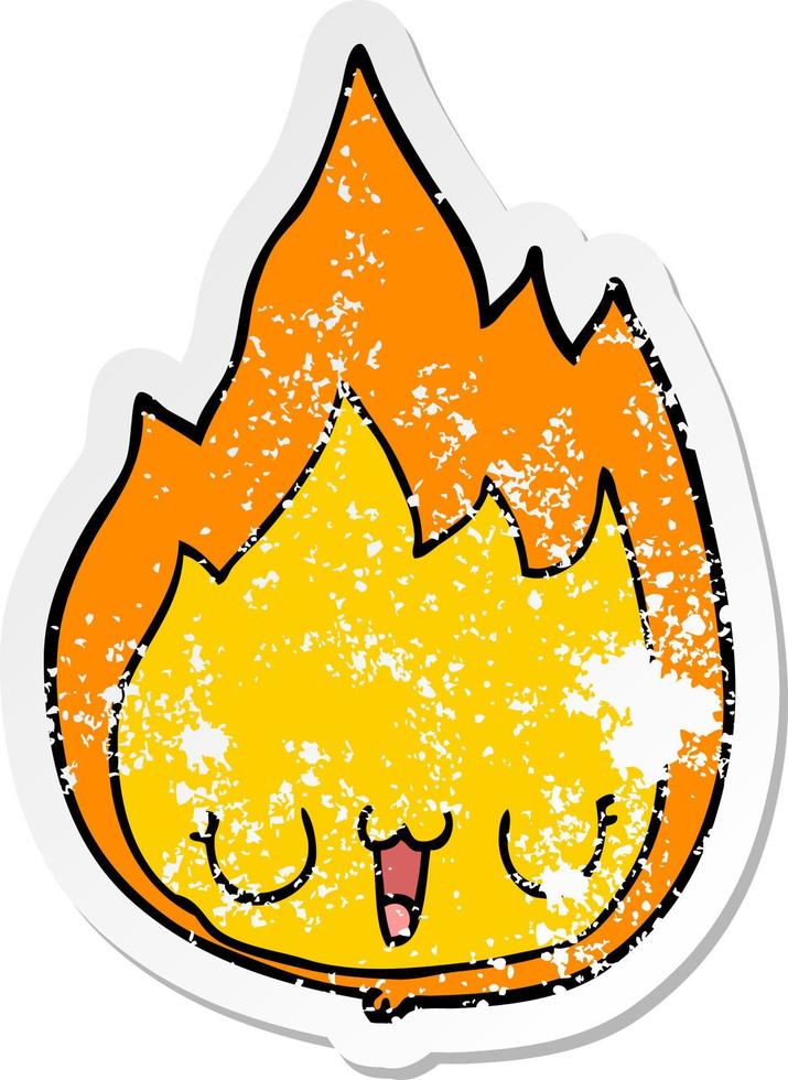 distressed sticker of a cartoon flame with face vector
