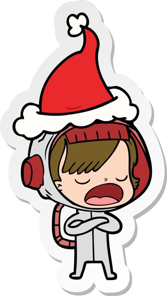 sticker cartoon of a astronaut woman explaining wearing santa hat vector