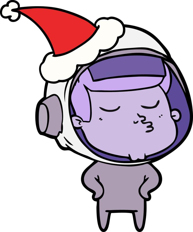 line drawing of a confident astronaut wearing santa hat vector