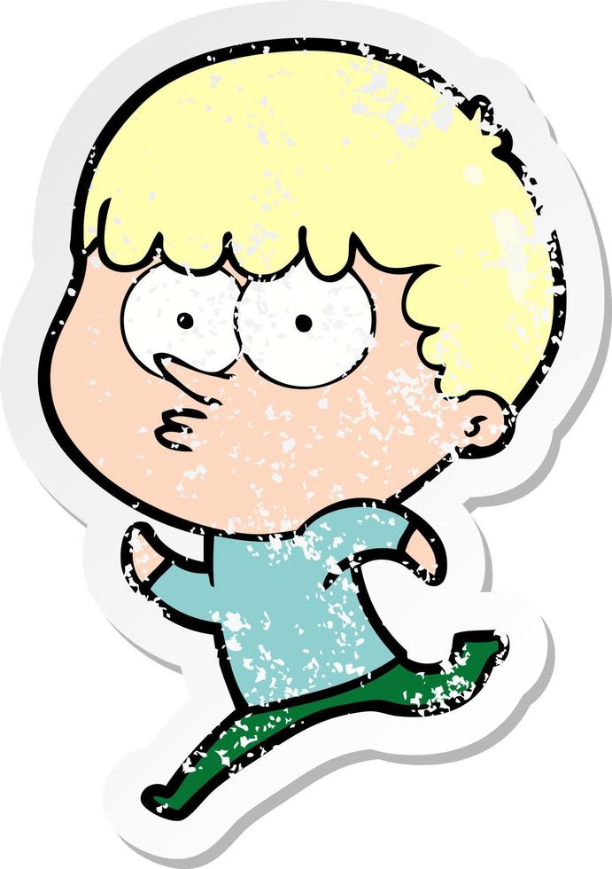 distressed sticker of a cartoon curious boy running vector