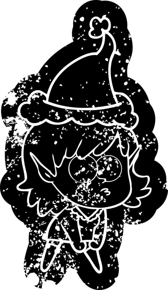 cartoon distressed icon of a elf girl staring and crouching wearing santa hat vector