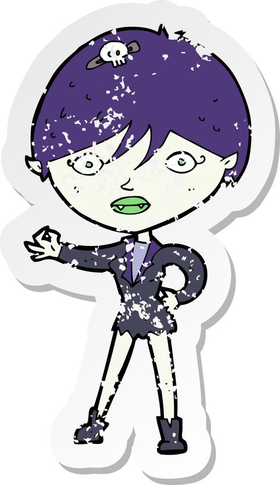 retro distressed sticker of a cartoon vampire girl vector