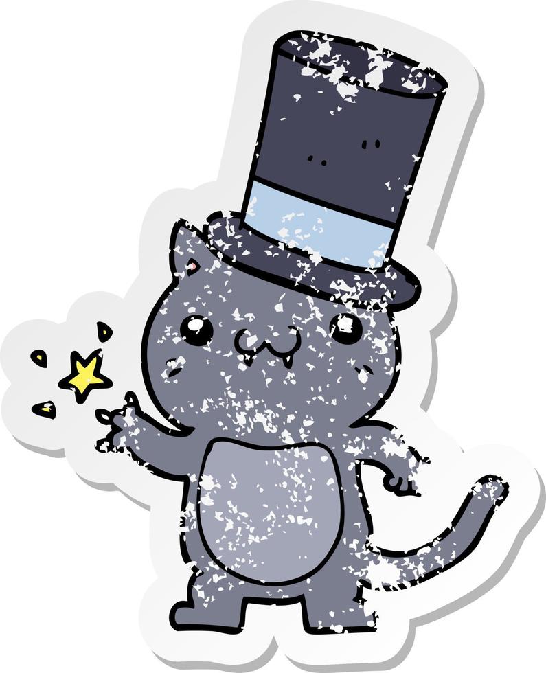 distressed sticker of a cartoon cat wearing top hat vector