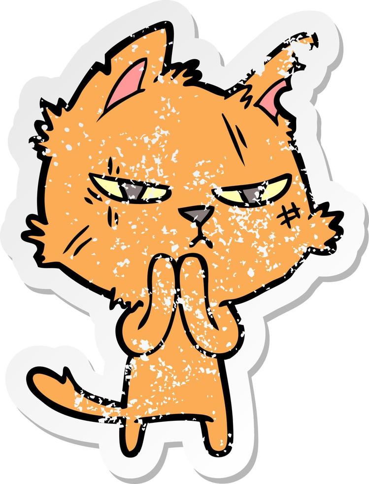 distressed sticker of a tough cartoon cat vector