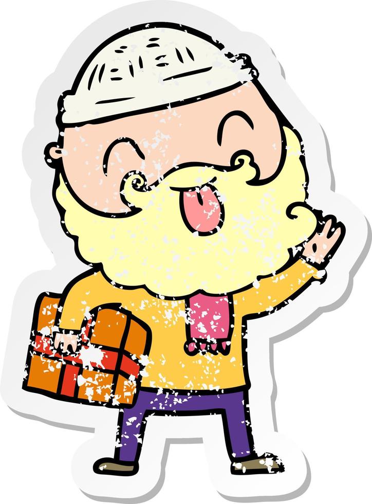 distressed sticker of a man with beard carrying christmas present vector