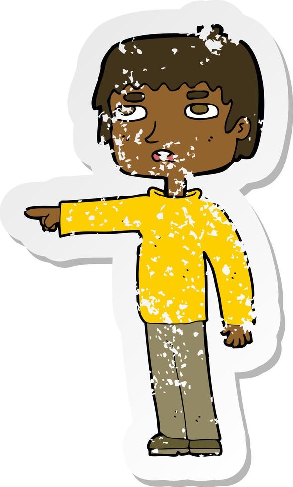 retro distressed sticker of a cartoon boy pointing vector