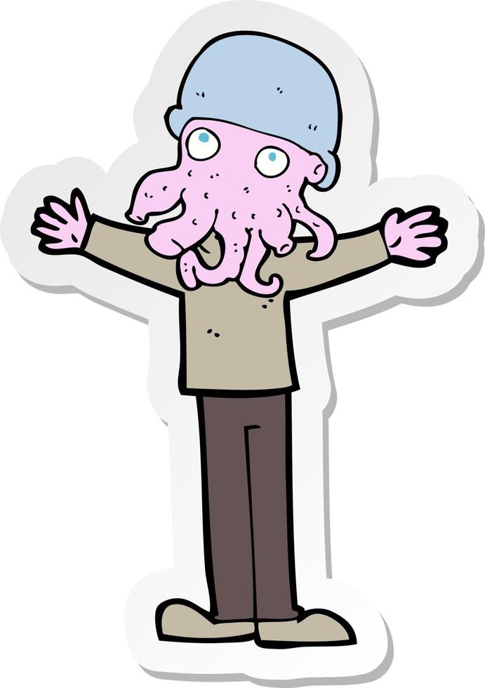 sticker of a cartoon alien squid face man vector