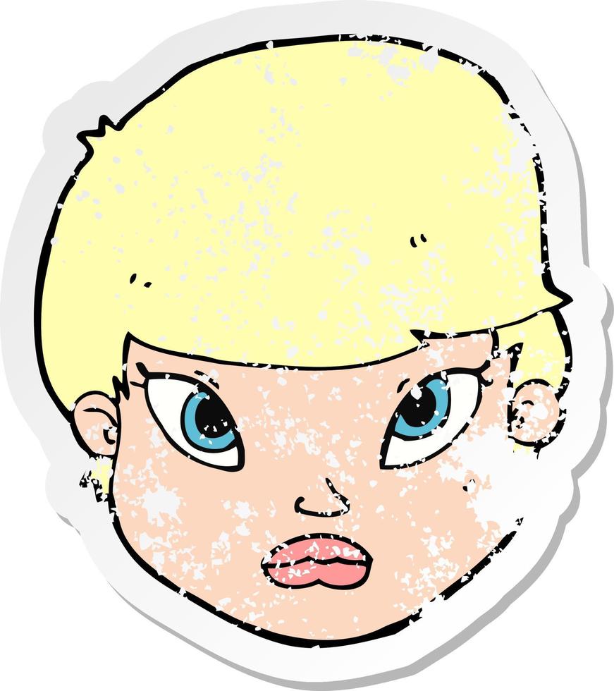 retro distressed sticker of a cartoon serious face vector