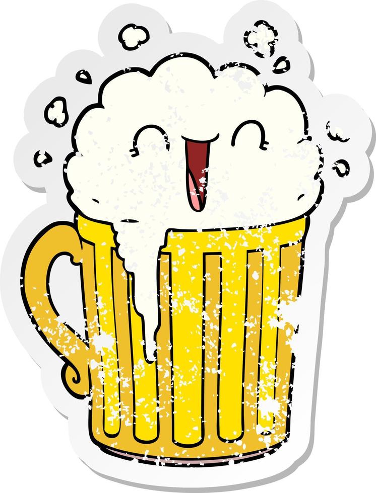 distressed sticker of a happy cartoon mug of beer vector
