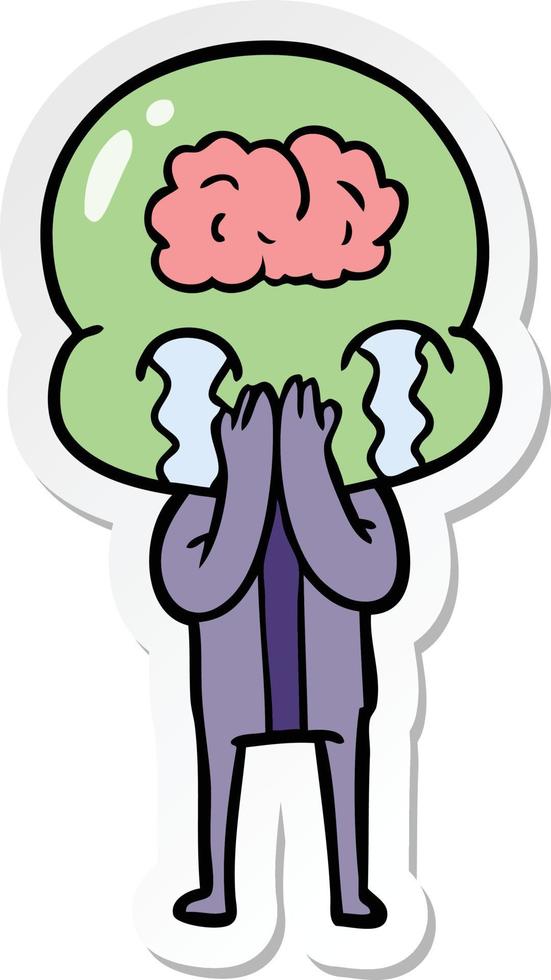 sticker of a cartoon big brain alien crying vector