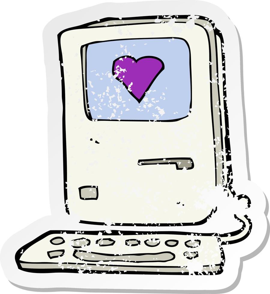 retro distressed sticker of a cartoon computer with love heart vector