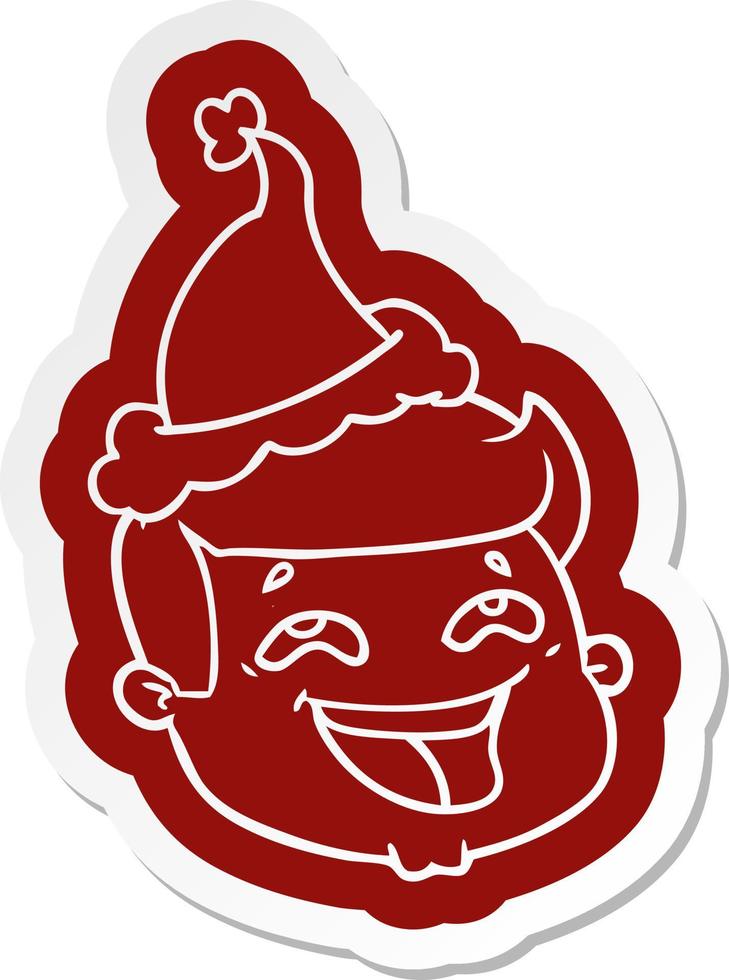 happy cartoon  sticker of a male face wearing santa hat vector