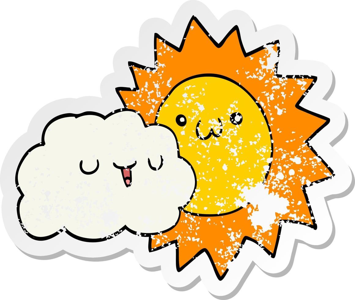 distressed sticker of a cartoon sun and cloud vector