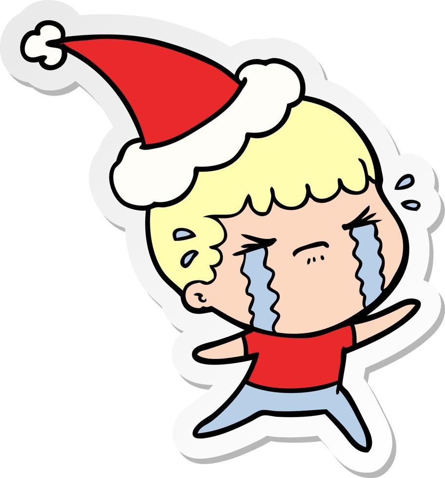 sticker cartoon of a man crying wearing santa hat vector