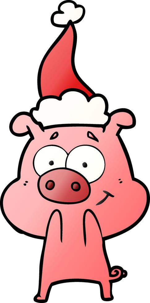 happy gradient cartoon of a pig wearing santa hat vector