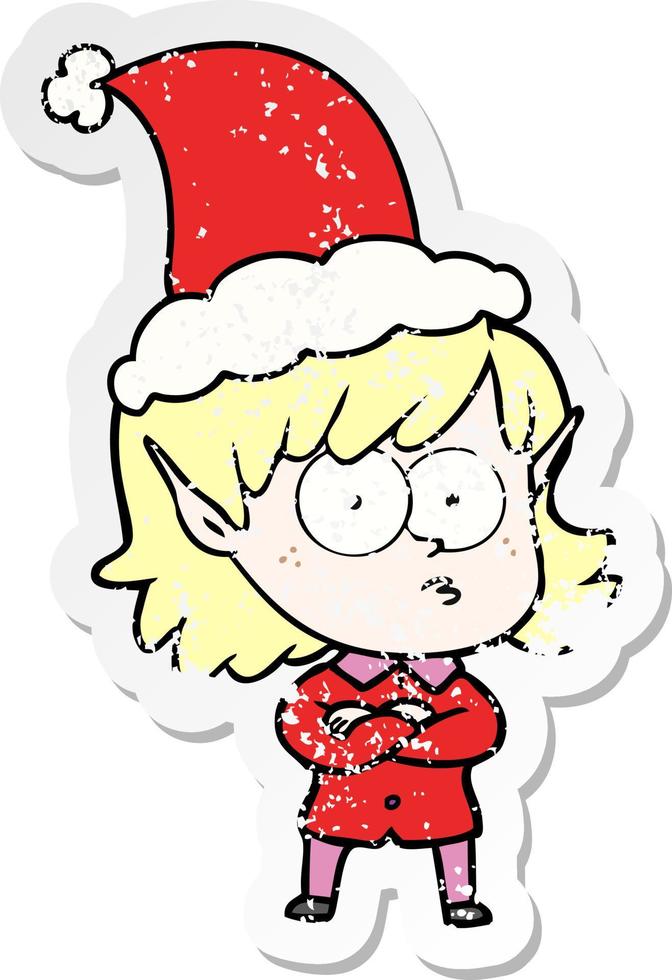 distressed sticker cartoon of a elf girl staring wearing santa hat vector