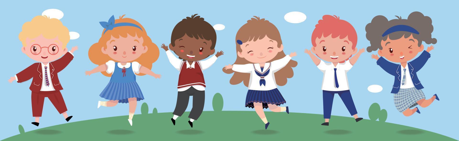 01Children in different styles of student uniforms jumping happily vector