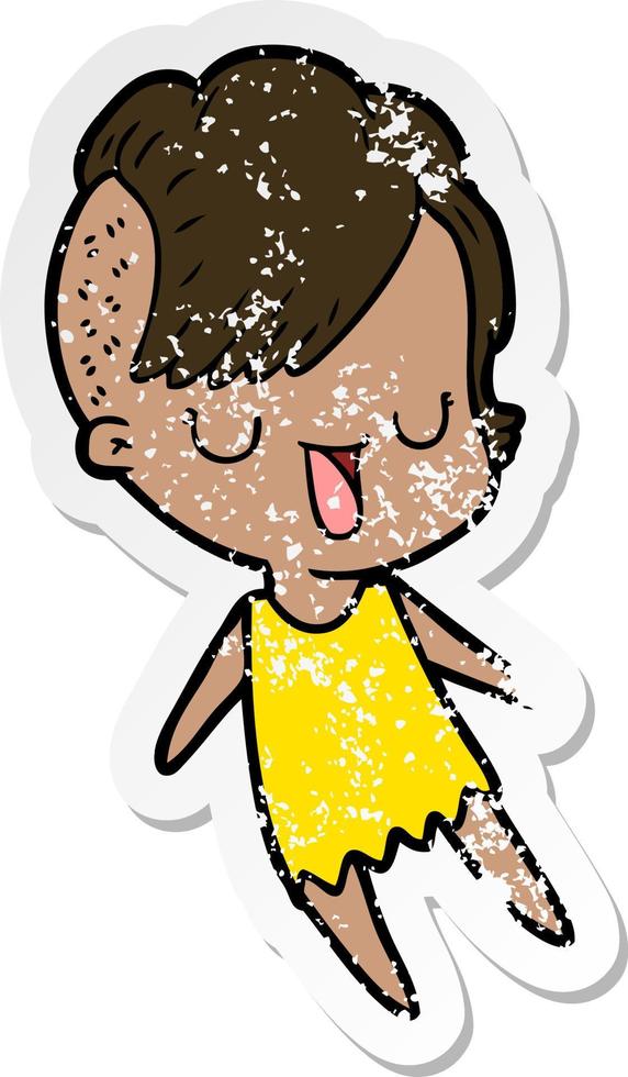 distressed sticker of a cute cartoon girl with hipster haircut vector