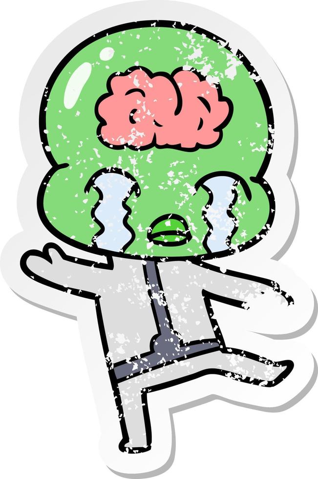 distressed sticker of a cartoon big brain alien crying vector