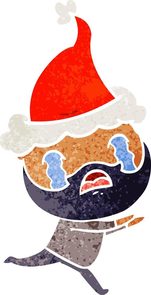 retro cartoon of a bearded man crying wearing santa hat vector