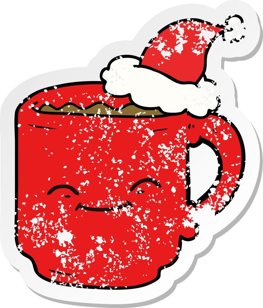 distressed sticker cartoon of a coffee mug wearing santa hat vector