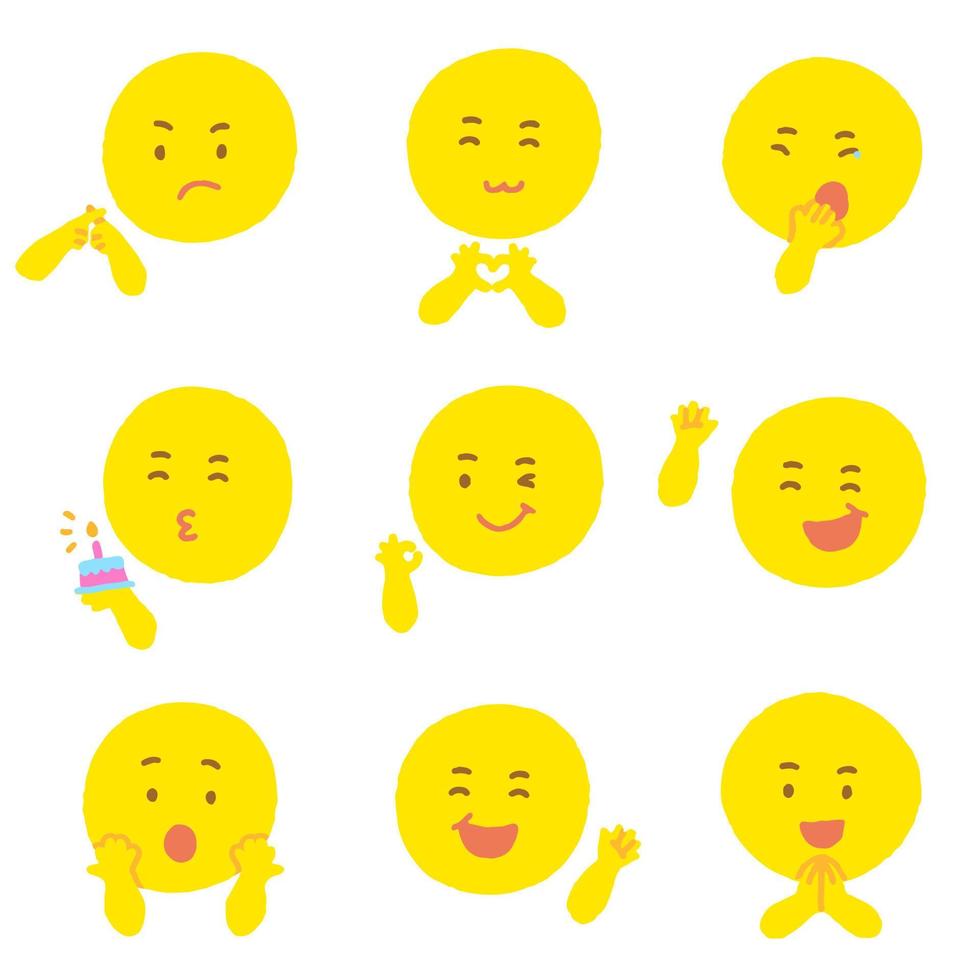 lindo círculo amarillo redondo emoji diferente expresión emociones emocional emoticono mano garabato carácter sentimientos caras colección conjunto icono vector ilustración