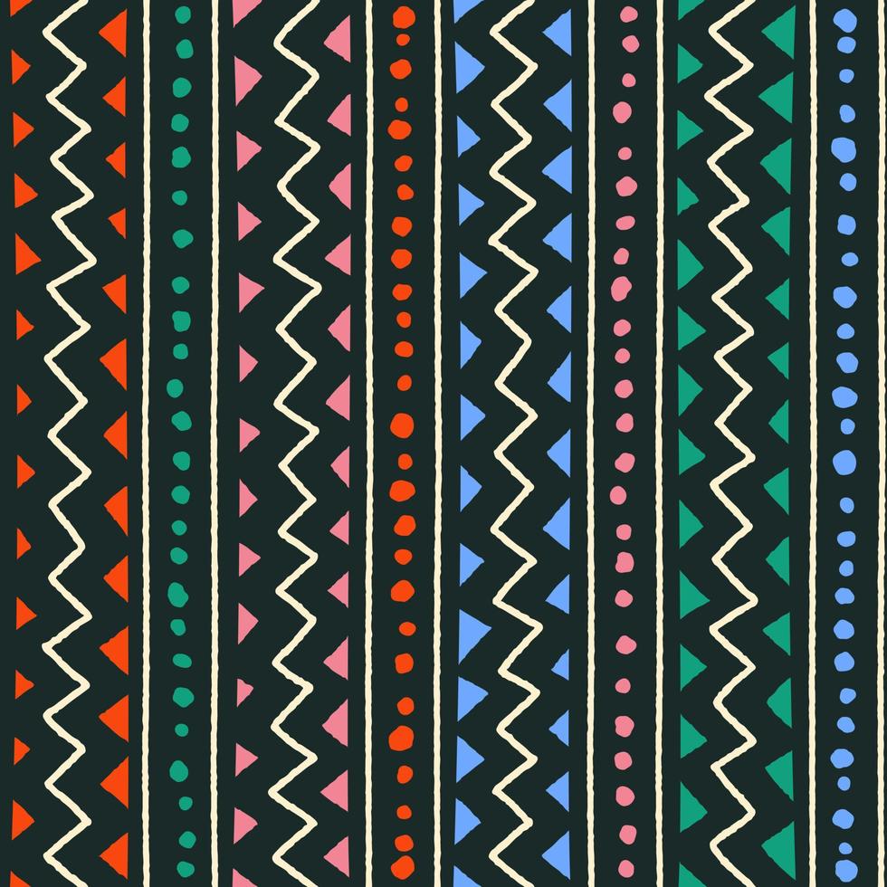 Ethnic Tribal Geometric Folk Indian Scandinavian Gypsy Mexican Boho African Ornament Texture Seamless Pattern Zigzag Dot Line Vertical Stripes Color Print Textiles Background Vector Illustration