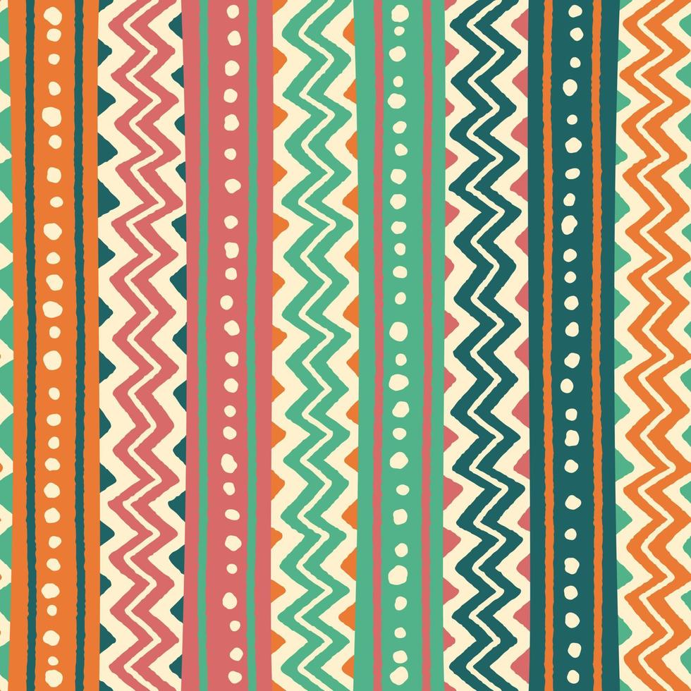 Ethnic Tribal Geometric Folk Indian Scandinavian Gypsy Mexican Boho African Ornament Texture Seamless Pattern Zigzag Dot Line Vertical Stripes Color Print Textiles Background Vector Illustration