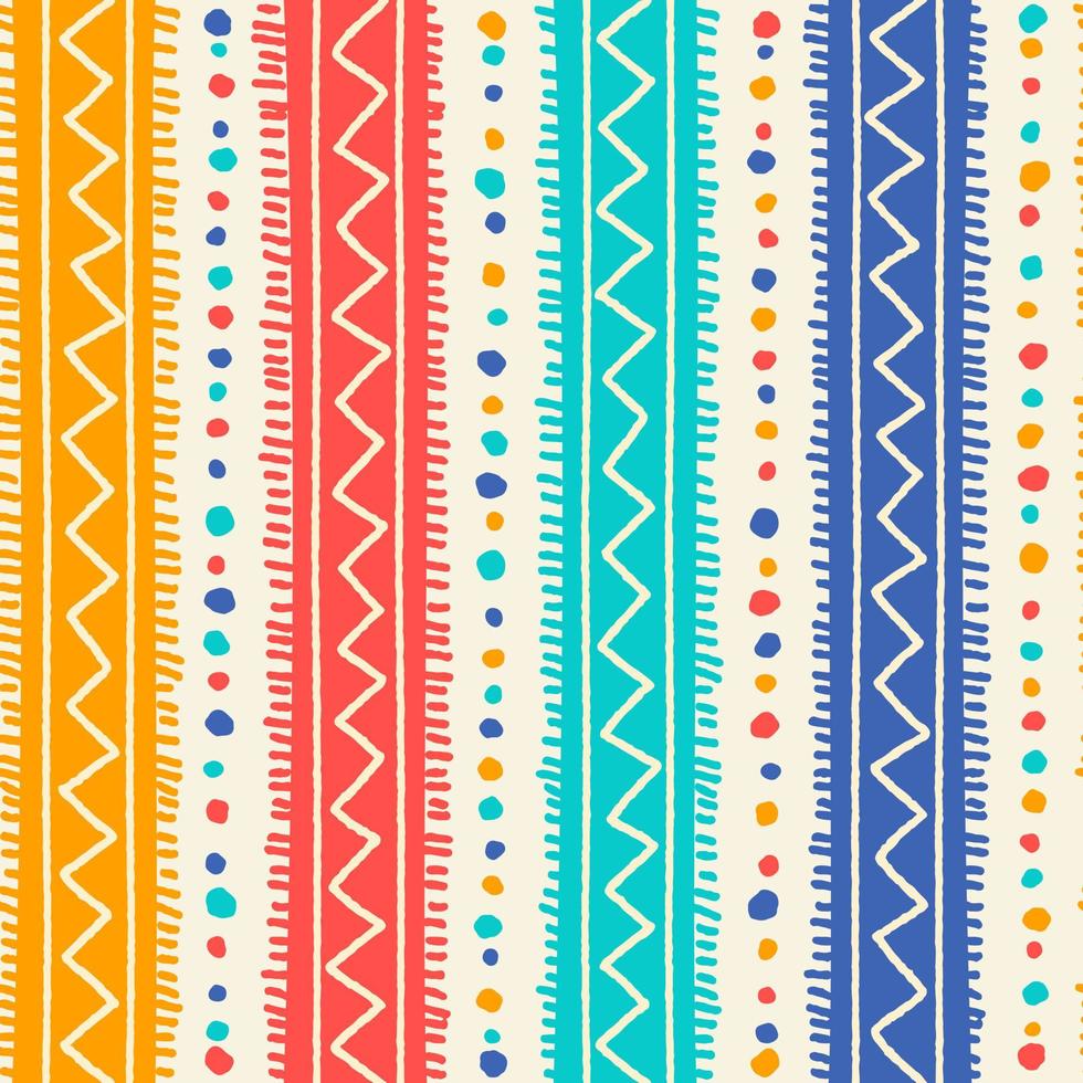 Ethnic Tribal Geometric Folk Indian Scandinavian Gypsy Mexican Boho African Ornament Texture Seamless Pattern Zigzag Dot Line Vertical Stripes Color Print Textiles Background Vector Illustration