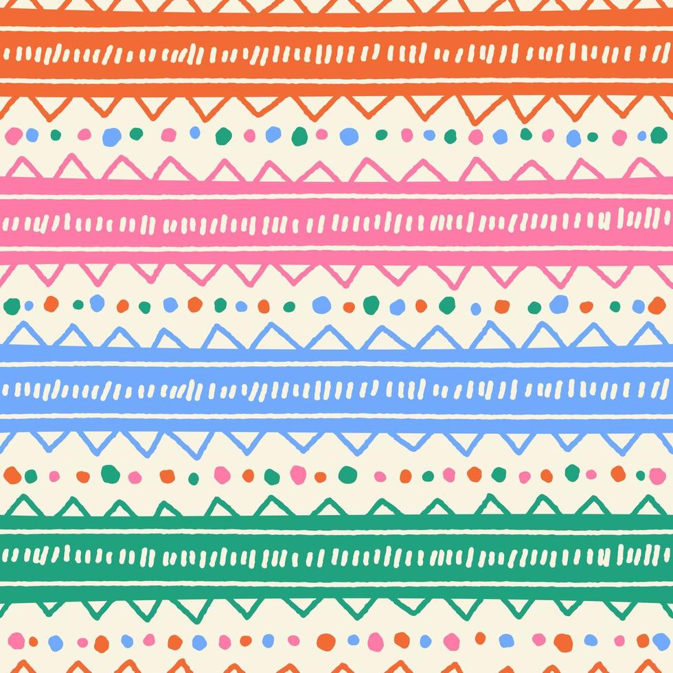 Ethnic Tribal Geometric Folk Indian Scandinavian Gypsy Mexican Boho African Ornament Texture Seamless Pattern Zigzag Dot Line Horizontal Stripes Color Print Textiles Background Vector Illustration