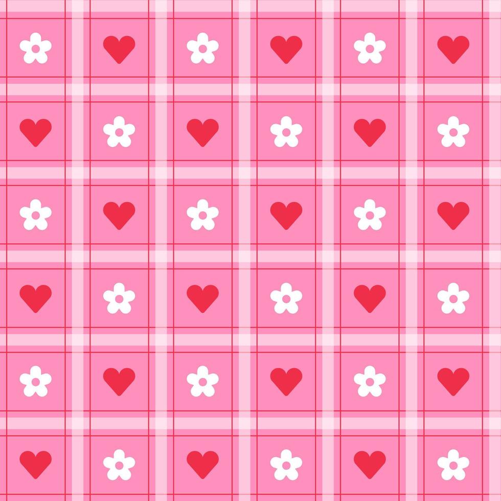 Cute Heart Love  Daisy Flower Caring Valentines Day Element Red Pink Stripe Striped Line Tilt Checkered Plaid Tartan Buffalo Scott Gingham Pattern Cartoon Vector Seamless Pattern Print Background