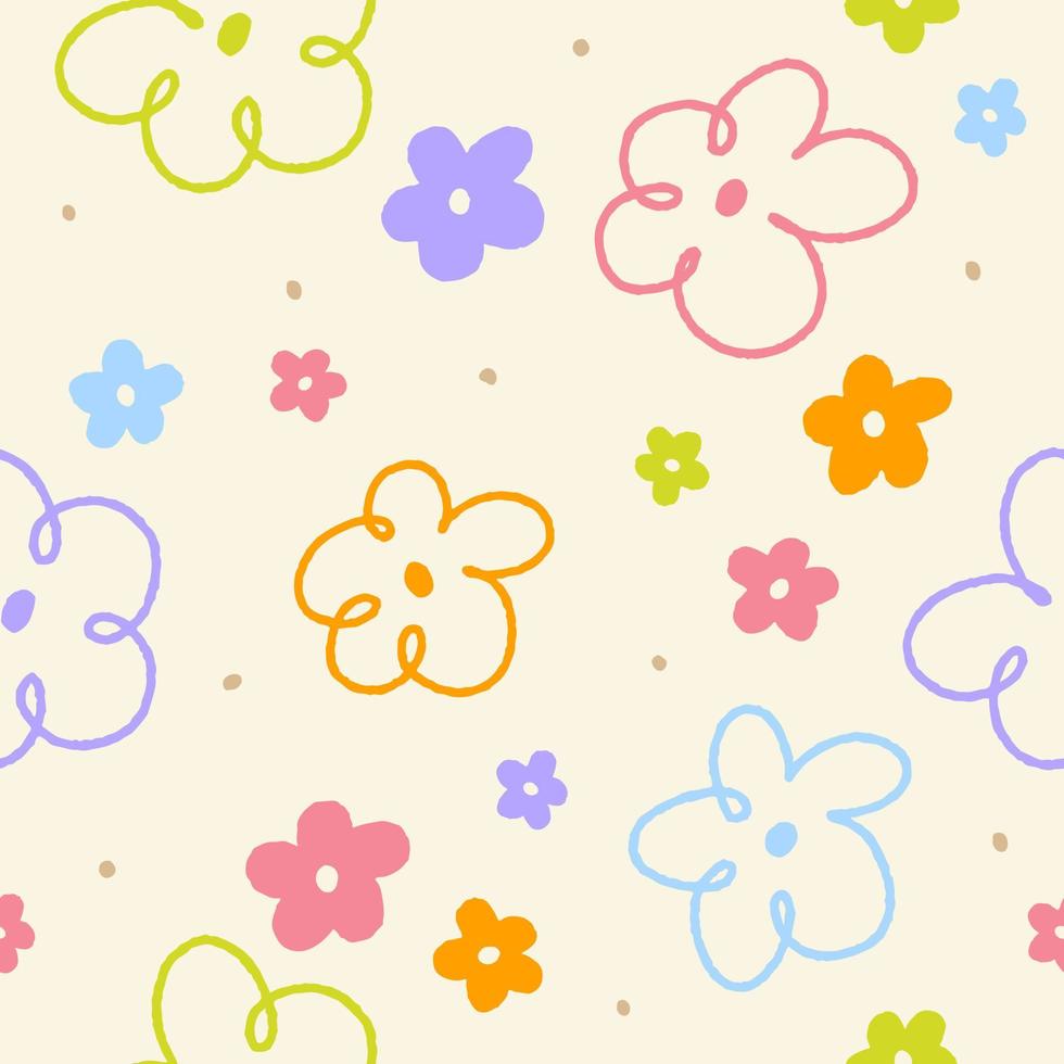 Cute Confetti Ditsy Daisy Flower Outline Pastel Color Seamless Pattern Background Vector Cartoon Background Illustration Print, Tablecloth, Picnic mat, wrapping paper, Mat, Fabric, Textile, Scarf.