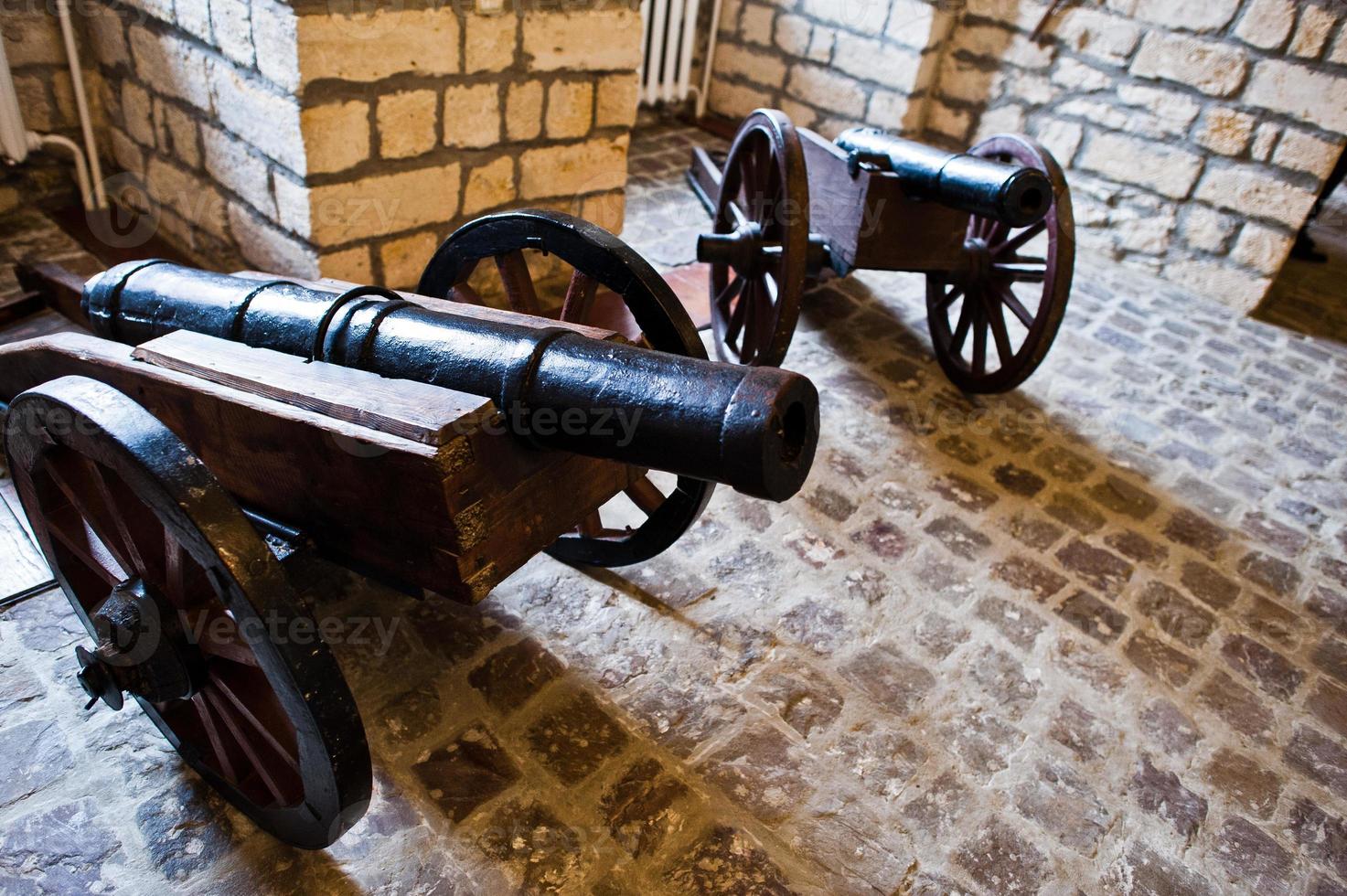 Very old cannon made of iron in museum. photo