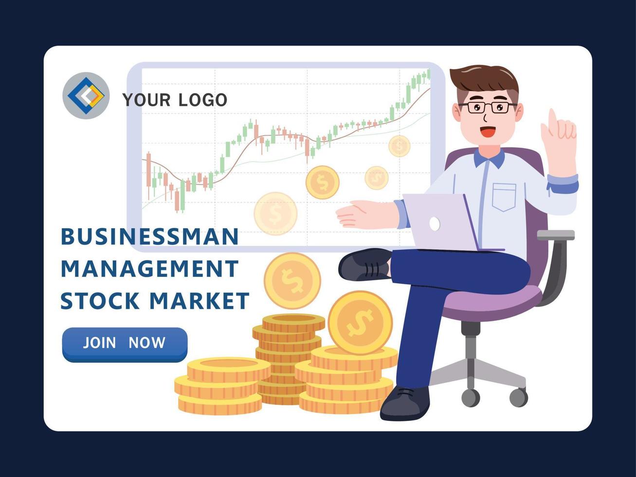 Stock market exchange trader working selling and buying with displays monitoring financial data online, cartoon character vector illustration.