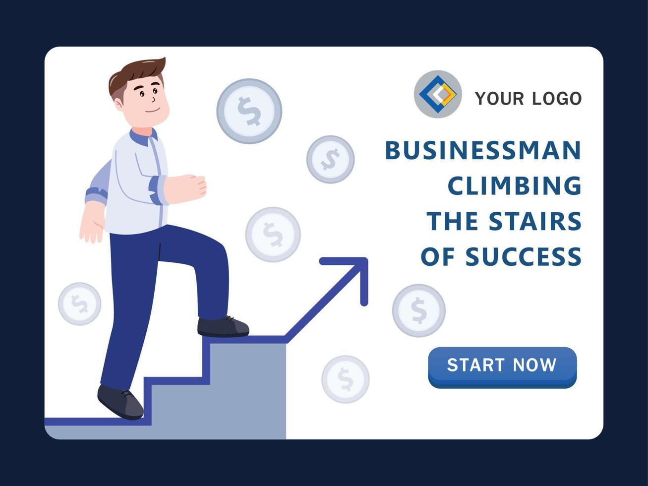 businessman walking up the ladder of success, step, going up, cartoon character vector illustration.