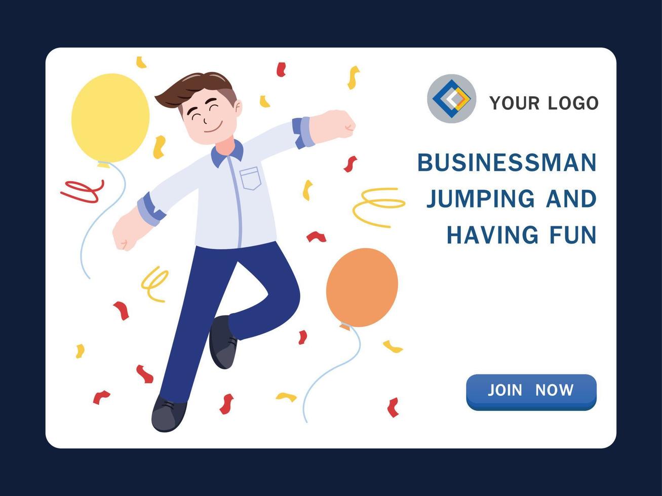 Businessman jumping and having fun, happy man cartoon character vector illustration.